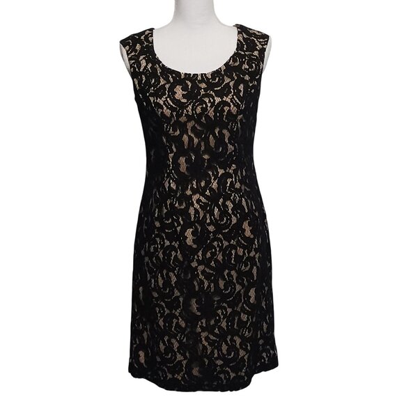 Adrianna Papell Embroidered Lace Overlay Sheath Dress Size 10 Black & Gold/Nude - Picture 4 of 14